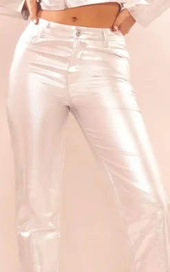 Outlet PrettyLittleThing Metallic Coated Denim Straight Leg Jeans Silver