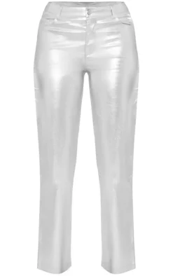 Outlet PrettyLittleThing Metallic Coated Denim Straight Leg Jeans Silver