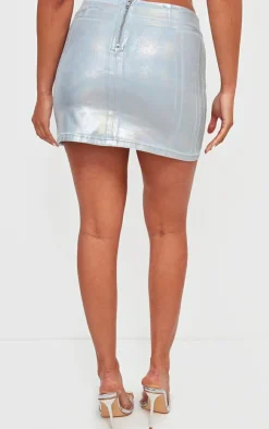 New PrettyLittleThing Silver Metallic Coated Denim Micro Mini Skirt Blue