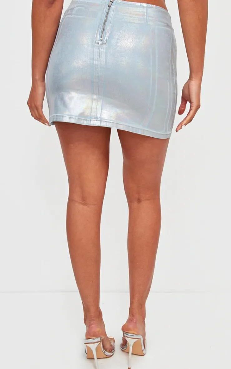 New PrettyLittleThing Silver Metallic Coated Denim Micro Mini Skirt Blue