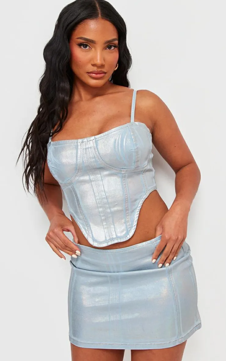 New PrettyLittleThing Silver Metallic Coated Denim Micro Mini Skirt Blue