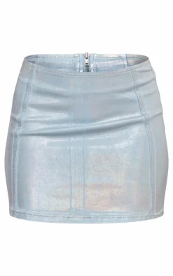 New PrettyLittleThing Silver Metallic Coated Denim Micro Mini Skirt Blue