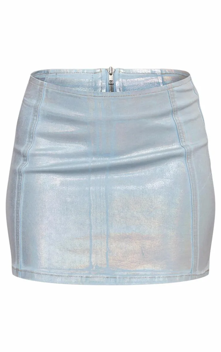 New PrettyLittleThing Silver Metallic Coated Denim Micro Mini Skirt Blue