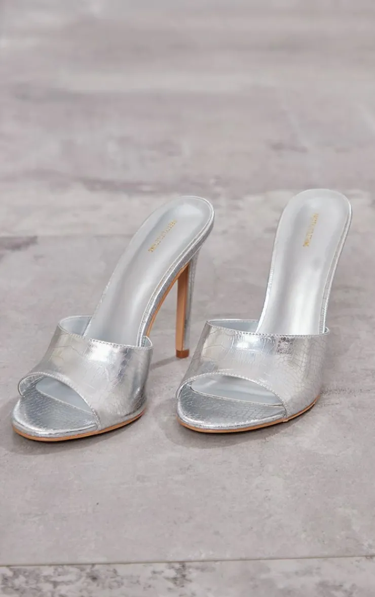 PrettyLittleThing Mules*Metallic Croc Pu Round Toe High Heeled Mules