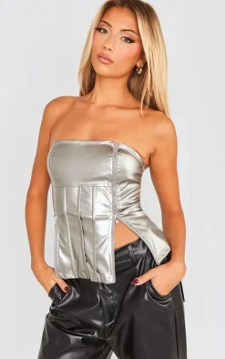PrettyLittleThing Corsets*Metallic Faux Leather Bandeau Zip Detail Corset Top