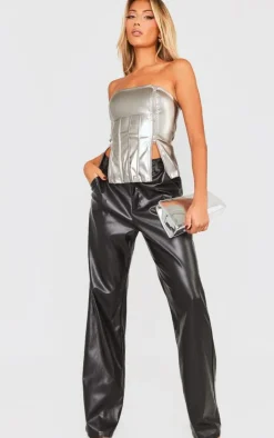 PrettyLittleThing Corsets*Metallic Faux Leather Bandeau Zip Detail Corset Top