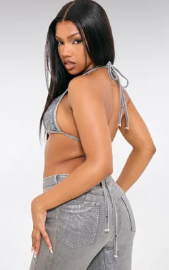 PrettyLittleThing Bralets*Metallic Foil Effect Tie Up Denim Triangle Top