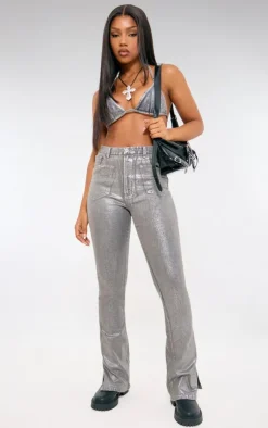 PrettyLittleThing Bralets*Metallic Foil Effect Tie Up Denim Triangle Top