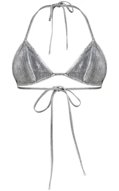 PrettyLittleThing Bralets*Metallic Foil Effect Tie Up Denim Triangle Top