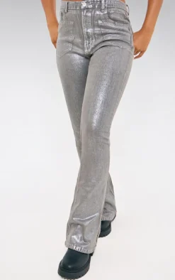 Silver Metallic Foil Effect Flared Jeans