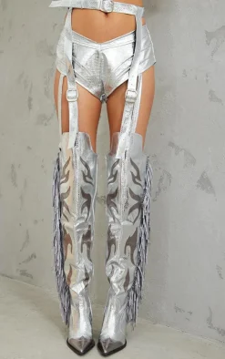 PrettyLittleThing Thigh High Boots*Metallic Fringe Thigh High Buckle Belt Strap Western Boots