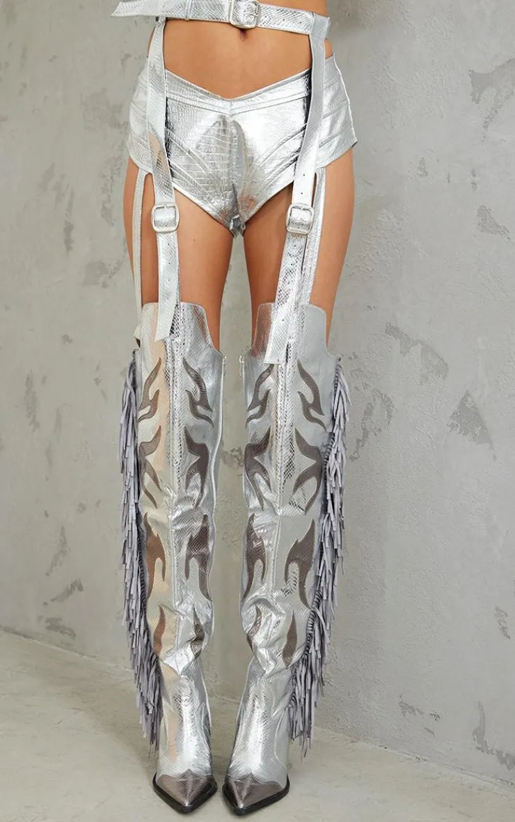 PrettyLittleThing Thigh High Boots*Metallic Fringe Thigh High Buckle Belt Strap Western Boots