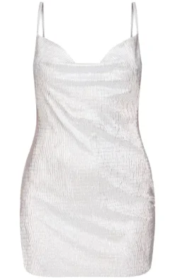 Metallic Plisse Cowl Neck Strappy Bodycon Dress-PrettyLittleThing New