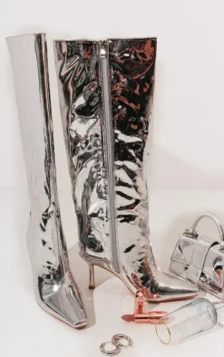 PrettyLittleThing High Heels*Metallic Point Toe Knee High Heeled Boots