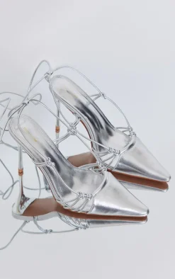 PrettyLittleThing High Heels*Metallic Pointed Stiletto Toe Knot Detail High Heeled Court Sandals