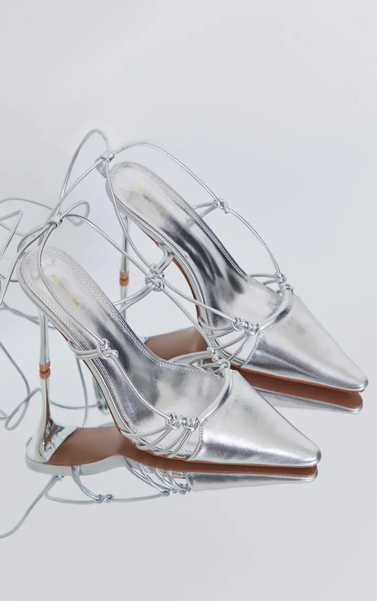 PrettyLittleThing High Heels*Metallic Pointed Stiletto Toe Knot Detail High Heeled Court Sandals