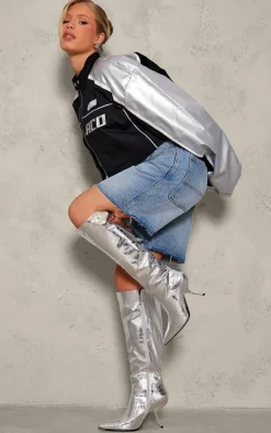 PrettyLittleThing High Heels*Metallic PU Croc Point Toe Slanted Heel Knee High Boots