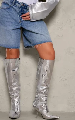 PrettyLittleThing High Heels*Metallic PU Croc Point Toe Slanted Heel Knee High Boots