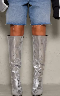 PrettyLittleThing High Heels*Metallic PU Croc Point Toe Slanted Heel Knee High Boots