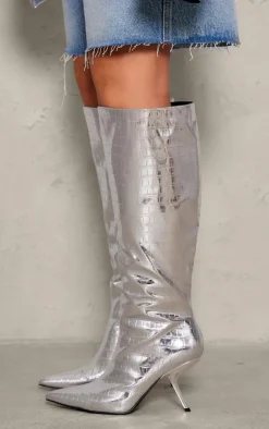 PrettyLittleThing High Heels*Metallic PU Croc Point Toe Slanted Heel Knee High Boots