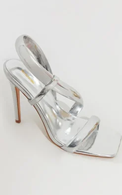 PrettyLittleThing High Heels*Metallic PU Square Toe Padded Asymmetric High Heeled Sandals