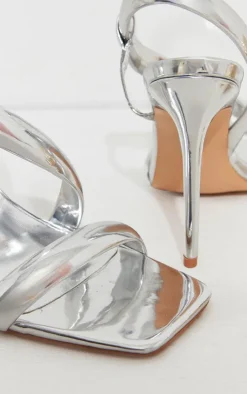 PrettyLittleThing High Heels*Metallic PU Square Toe Padded Asymmetric High Heeled Sandals