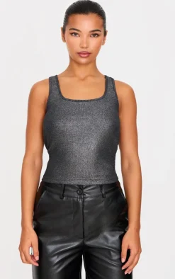 PrettyLittleThing Sleeveless Tops*Metallic Ribbed Scoop Neck Long Vest Top