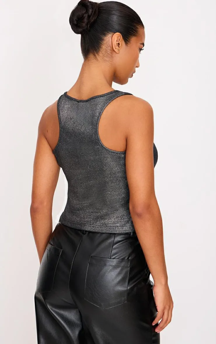 PrettyLittleThing Sleeveless Tops*Metallic Ribbed Scoop Neck Long Vest Top