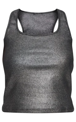PrettyLittleThing Sleeveless Tops*Metallic Ribbed Scoop Neck Long Vest Top
