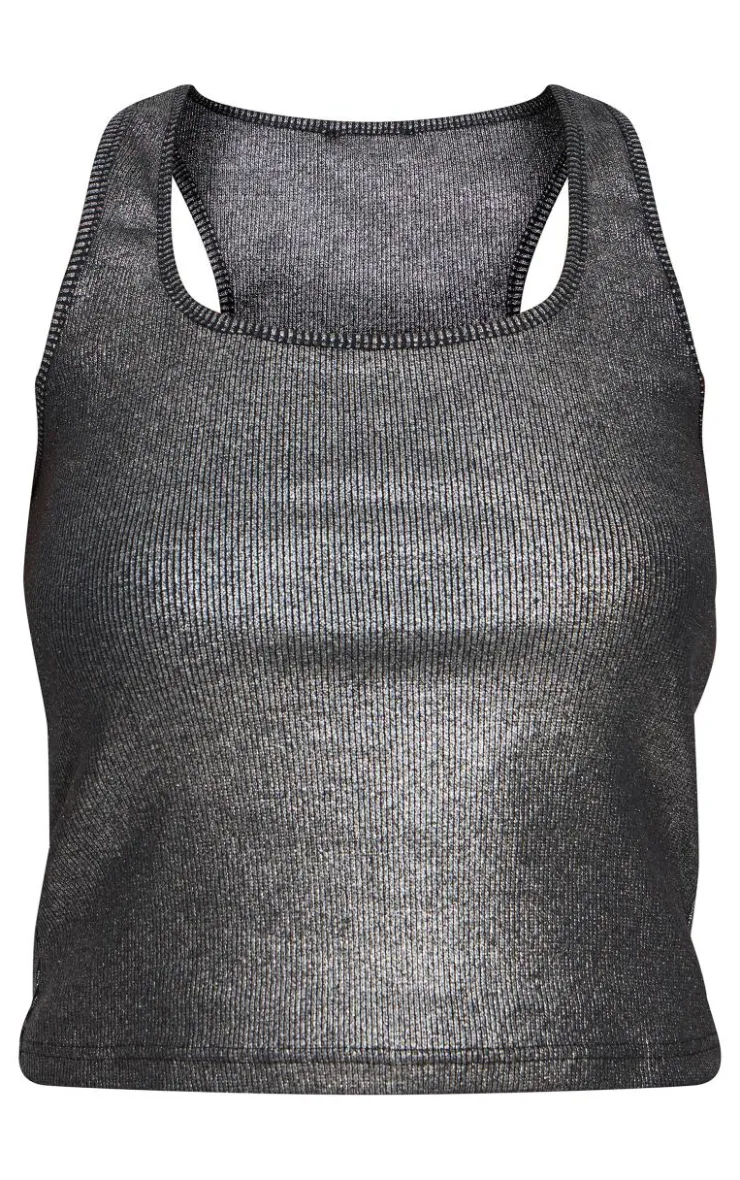 PrettyLittleThing Sleeveless Tops*Metallic Ribbed Scoop Neck Long Vest Top