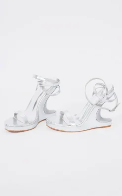 PrettyLittleThing Lace Up Heels*Metallic Round Toe Lace Up Strap Abstract Cut Out Wedge