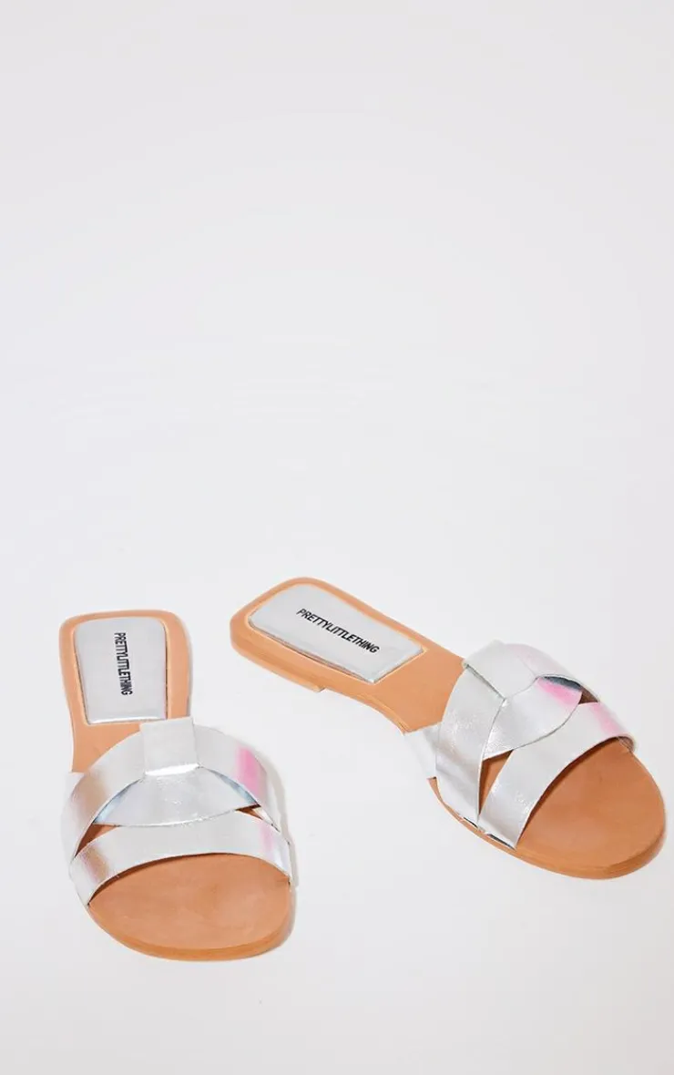 PrettyLittleThing Mules*Metallic Round Toe Real Leather Strap Mule Flat Sandals