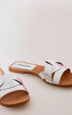 PrettyLittleThing Mules*Metallic Round Toe Real Leather Strap Mule Flat Sandals