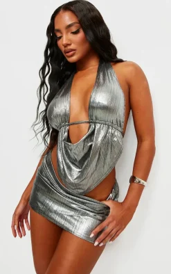 PrettyLittleThing Metallic Seam Detail Mini Skirt Silver