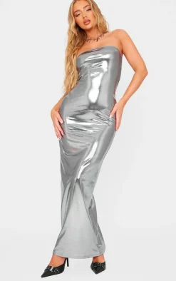 Metallic Slinky Bandeau Bodycon Maxi Dress-PrettyLittleThing Hot