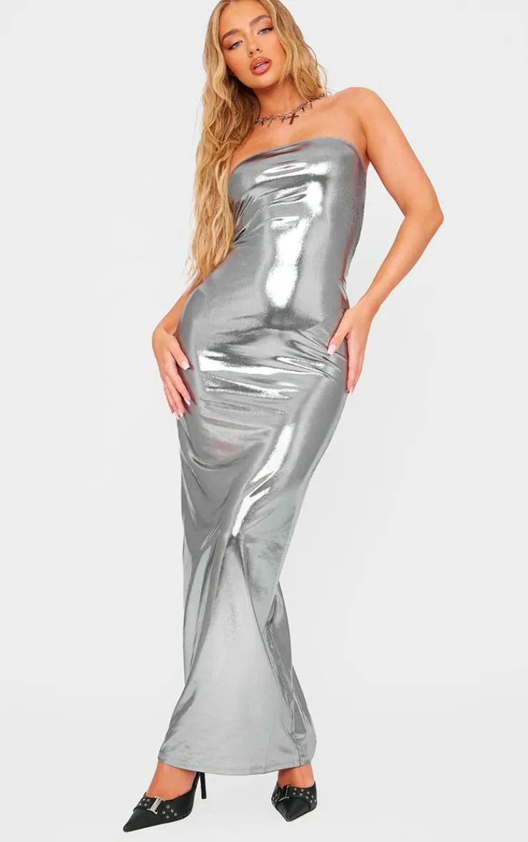 Metallic Slinky Bandeau Bodycon Maxi Dress-PrettyLittleThing Hot