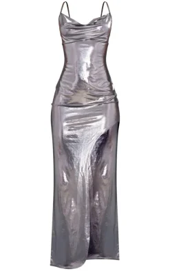 Metallic Slinky Cowl Neck Slit Maxi Dress-PrettyLittleThing Online