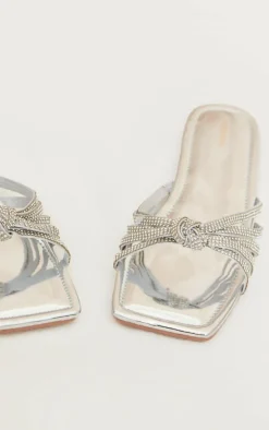 PrettyLittleThing Flat Sandals*Metallic Square Toe Diamante Knot Strap Sandals