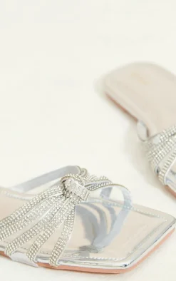 PrettyLittleThing Flat Sandals*Metallic Square Toe Diamante Knot Strap Sandals