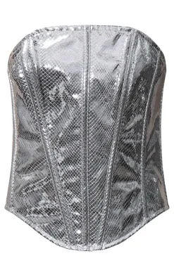 Hot PrettyLittleThing Metallic Textured Faux Leather Bandeau Corset Silver