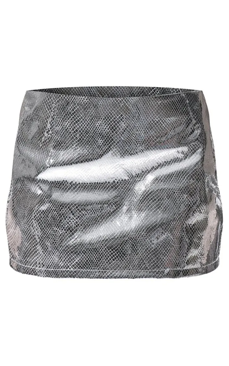 Clearance PrettyLittleThing Metallic Textured Faux Leather Low Rise Micro Mini Skirt Silver
