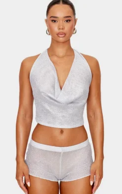 Sale PrettyLittleThing Metallic Textured Sheer Cowl Neck Top Silver