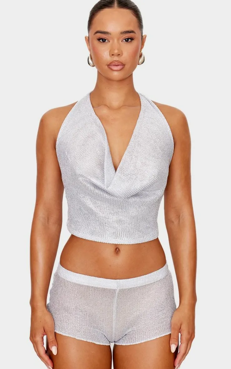 Sale PrettyLittleThing Metallic Textured Sheer Cowl Neck Top Silver