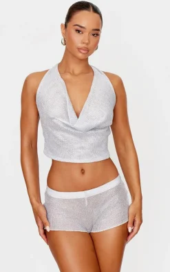 New PrettyLittleThing Metallic Textured Sheer Hotpants Silver