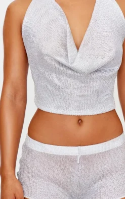 New PrettyLittleThing Metallic Textured Sheer Hotpants Silver