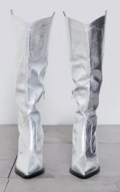PrettyLittleThing Knee High Boots*Metallic Western Pointed Wedge Heeled Knee Boots