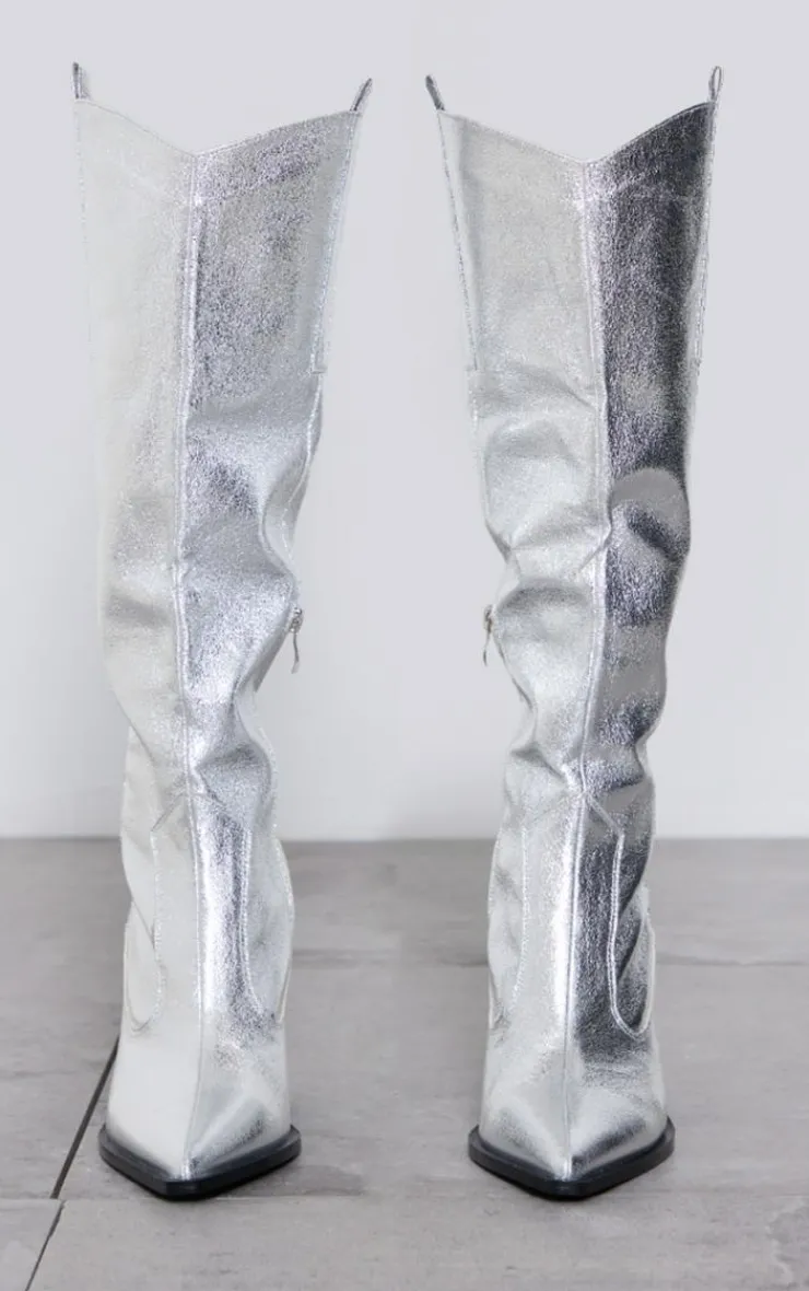 PrettyLittleThing Knee High Boots*Metallic Western Pointed Wedge Heeled Knee Boots