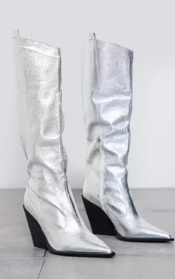 PrettyLittleThing Knee High Boots*Metallic Western Pointed Wedge Heeled Knee Boots