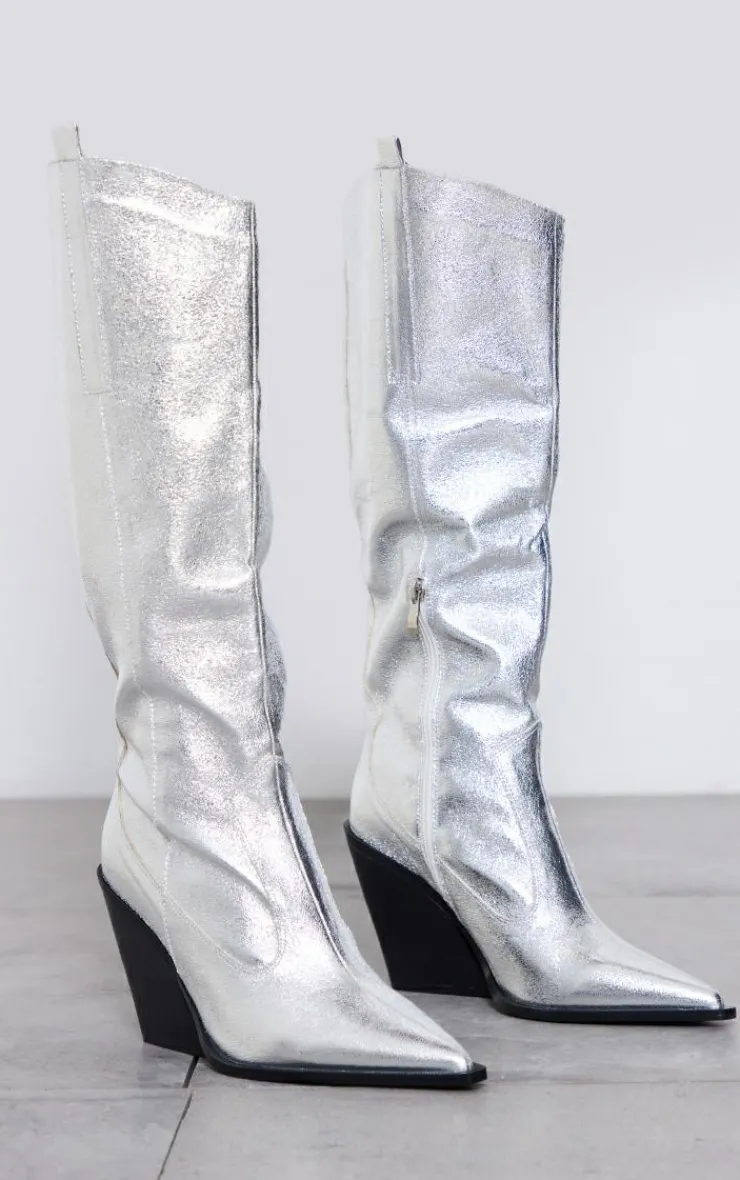 PrettyLittleThing Knee High Boots*Metallic Western Pointed Wedge Heeled Knee Boots