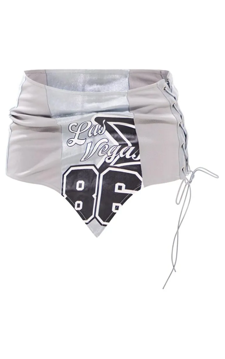Clearance PrettyLittleThing Printed Lace Up Side Low Rise Micro Mini Skirt Silver